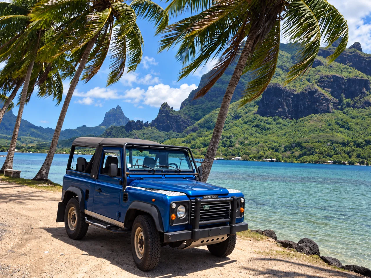 Land Rover Defender bleu au bord du lagon, sous les cocotiers en Polynésie française